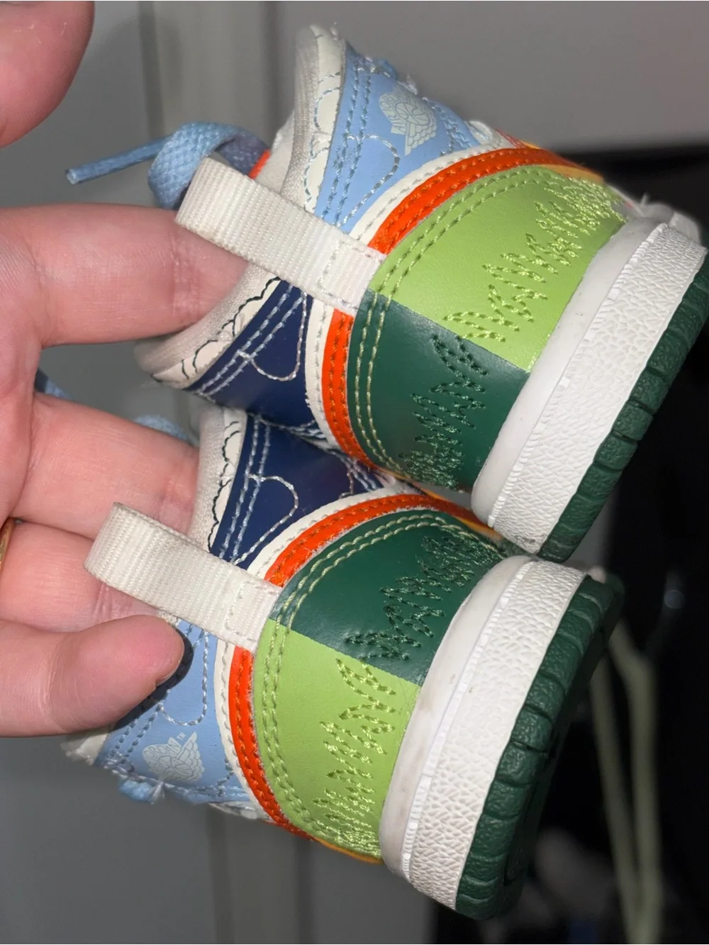 Jordan Kids White, Orange & Green High-Top Sneaker with Light Blue Accents